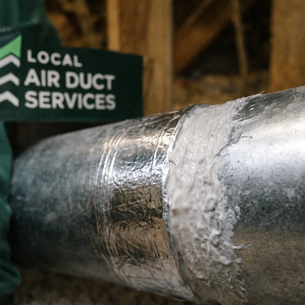 Close view of a resecured and sealed dryer duct joint in an attic space