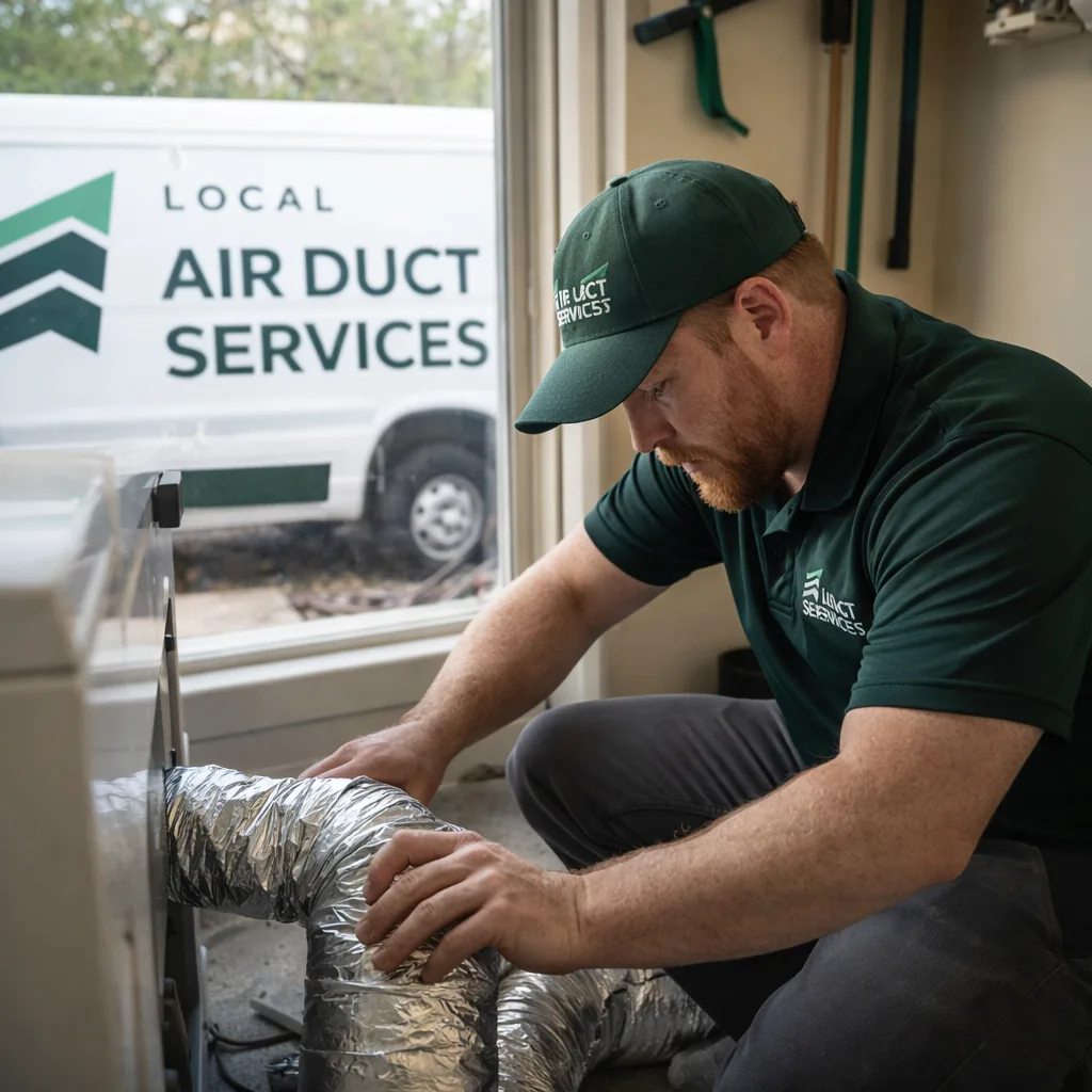 Technician repairing a crushed section of dryer vent duct behind a dryer in a Southlake area laundry room