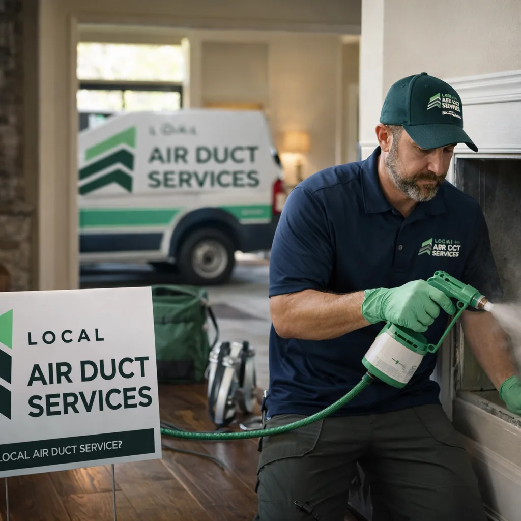 Technician applying an antimicrobial treatment inside an open HVAC duct section in a Southlake-area home
