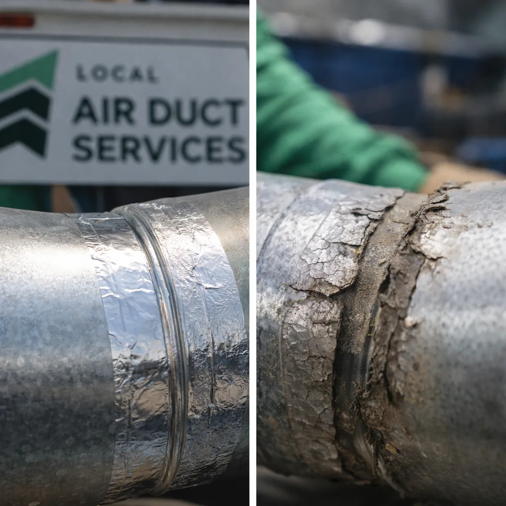 Close-up of a newly sealed duct connection compared to a deteriorated one nearby