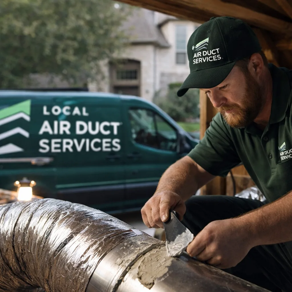 Technician applying duct mastic to a leaking joint in an attic duct run above a Southlake-area home