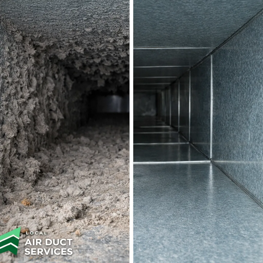 A supply duct interior packed with dust and debris next to the same section cleaned