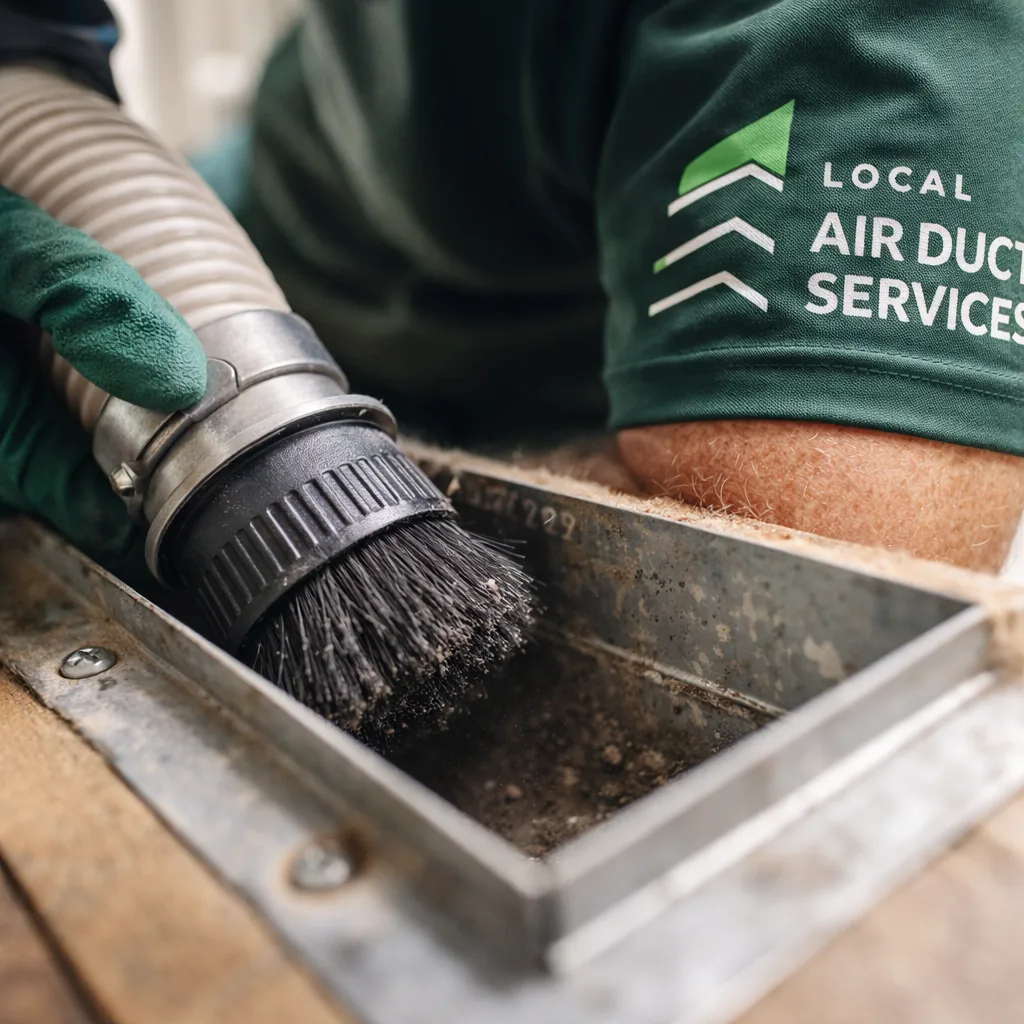 Close-up of a technician cleaning a register boot where ductwork meets a floor vent