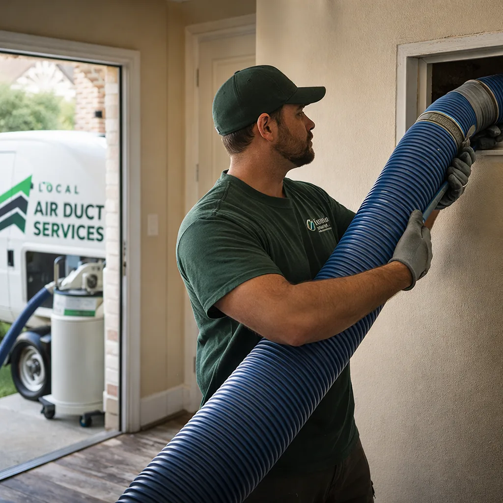 Technician connecting HEPA-filtered vacuum equipment to a home's HVAC return duct in a Southlake-area home