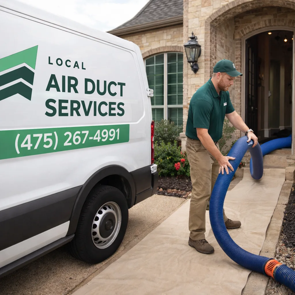 Technician setting up a flexible cleaning hose and floor protection at the entrance of a Southlake home before a whole-house duct cleaning