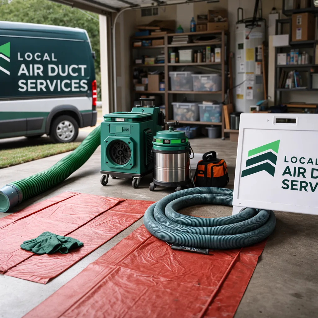 Duct cleaning equipment, hoses, and floor protection staged and organized in a homeowner's garage before a job starts
