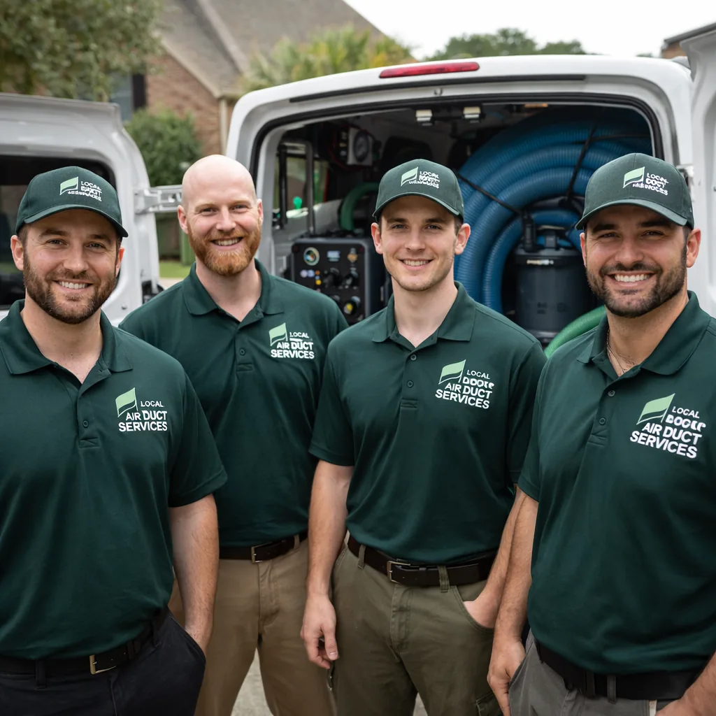 Uniformed duct cleaning crew standing beside their service vehicle with equipment loaded in a Southlake neighborhood driveway
