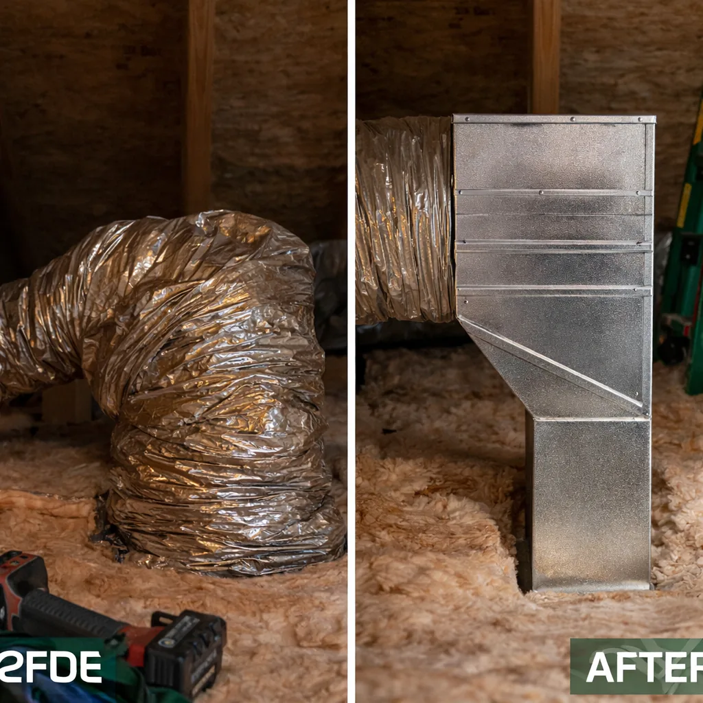 Crushed section of flexible dryer duct next to a newly installed periscope offset in the same spot