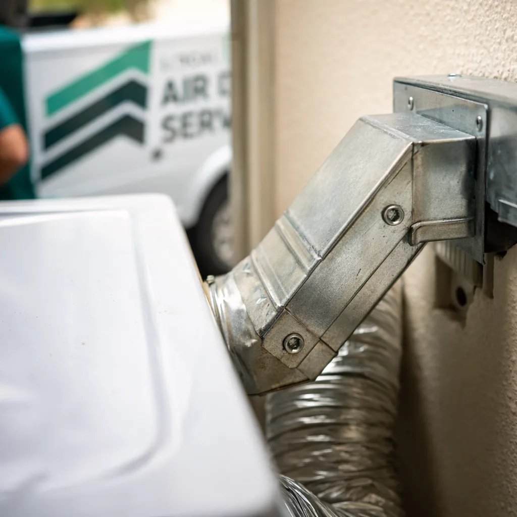 Close-up of a rigid periscope dryer vent kit installed in the narrow clearance behind a dryer