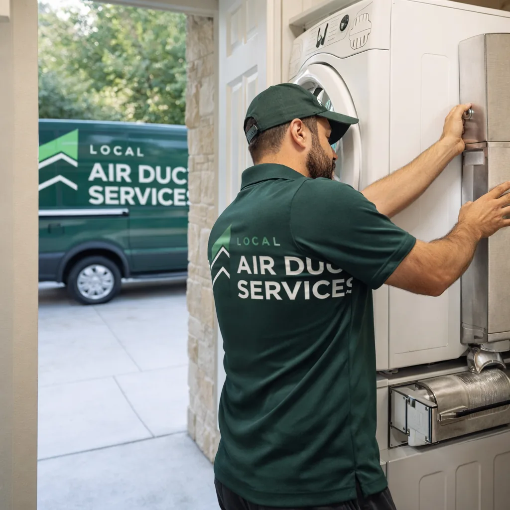 Technician fitting a rigid periscope dryer vent kit behind a stacked washer and dryer unit in a tight laundry closet
