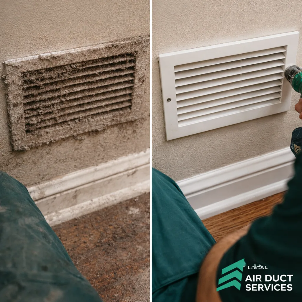 Dust-packed supply register before cleaning next to the same register fully cleared and reinstalled