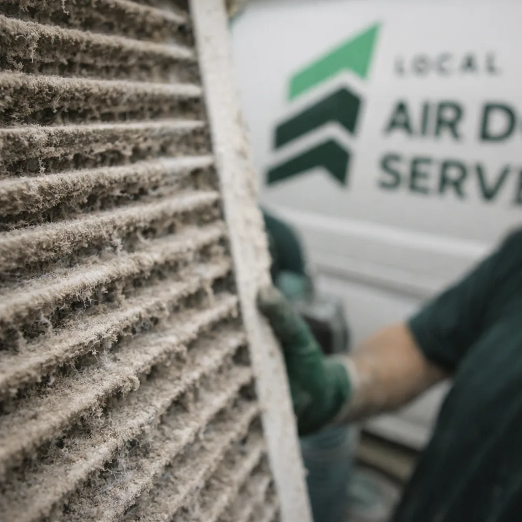 Close-up of a return air grille showing heavy dust buildup before service