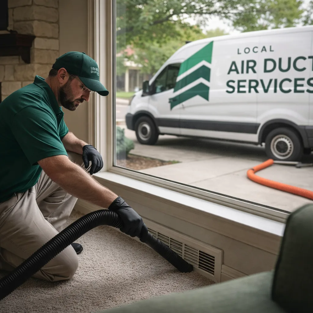 Technician cleaning a supply register with vacuum equipment in the living room of a Southlake-area home